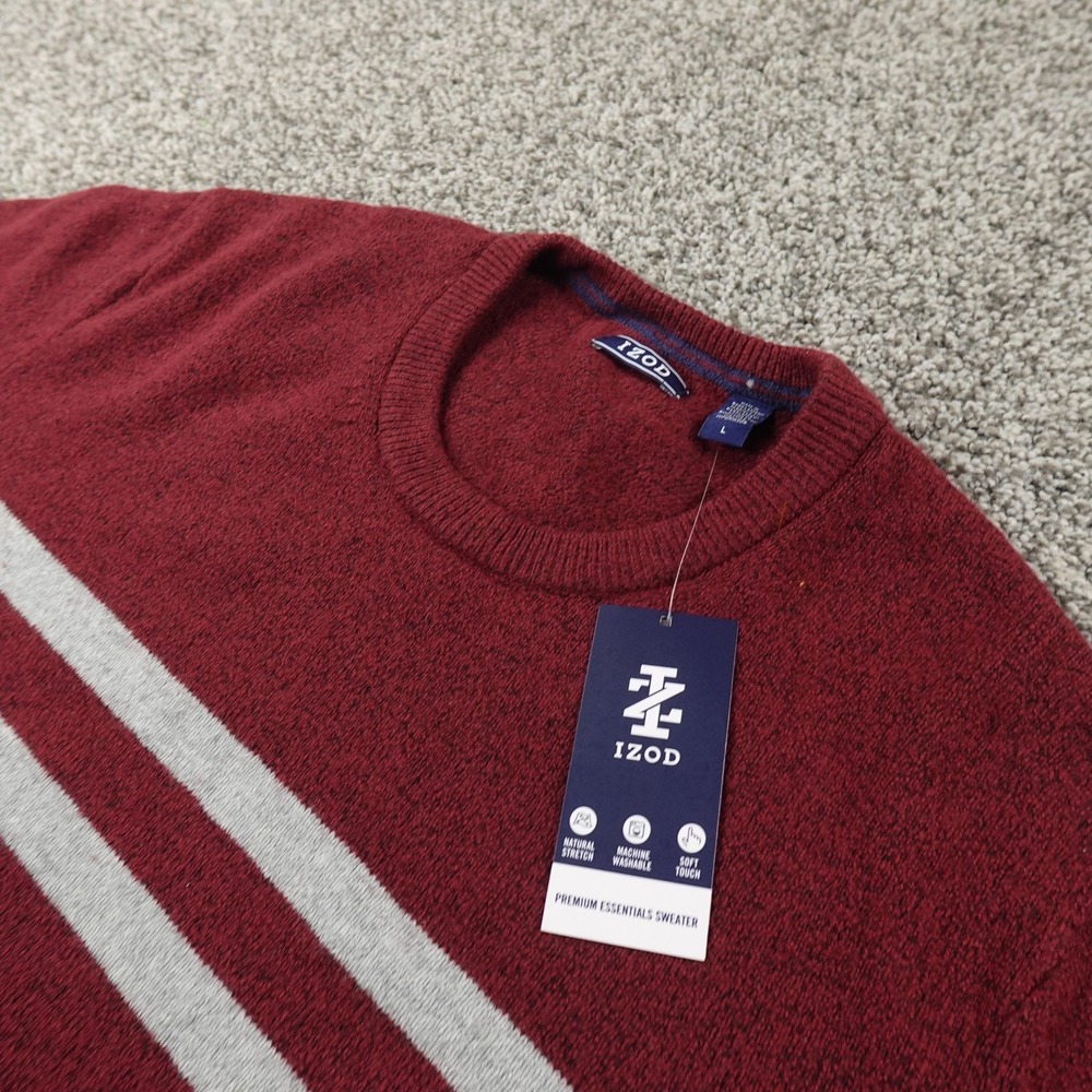 NEW IZOD Sweater Mens L Red White Stripe Crewneck Pullover Knit Soft Stretch Top